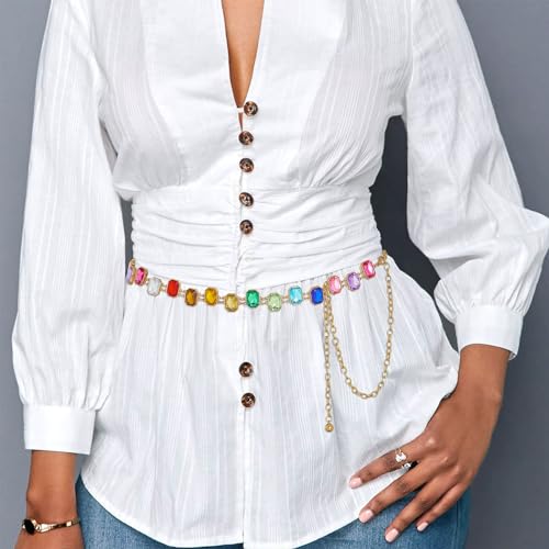 ELABEST Colorful Rhinestone Chain Belt Rainbow Gem Waist Belt Statement Diamond Waist Chains for Women2