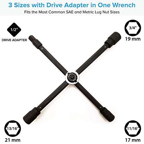 RockTrix 14" 4-Way Adjustable Sliding Cross Lug Wrench for Tire Changing Bolt Nut Removal, Fits SAE Metric Lug Sizes 17mm 11/16" 19mm 3/4" 21mm 13/16" Black, Collapses for Compact Storage - Image 4
