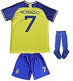 LeenBD Ronaldo No #7 NASSR Riyadh Al Kids Soccer Jersey Kit Shorts Socks Set Youth Sizes (Blue/Yellow, 10-11 Years Old)