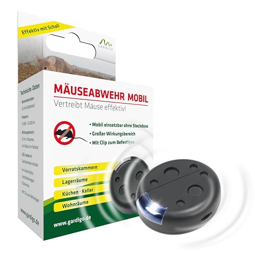 GARDIGO® Mäuseabwehr Mobil | Mäuseschreck Batteriebetrieben mit Frequenz bis in den Ultraschall | Integrierte Taschenlampe | Mäuse vertreiben auf bis zu 30 m² | Auch bei Ameisen Silberfische