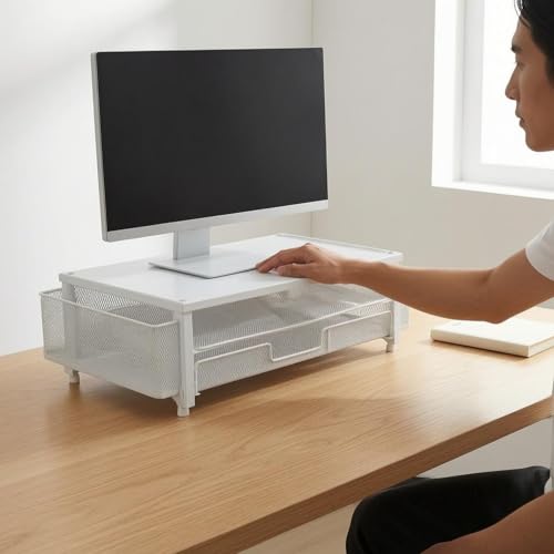Support moniteur rose avec tiroir et poste informatique de bureau