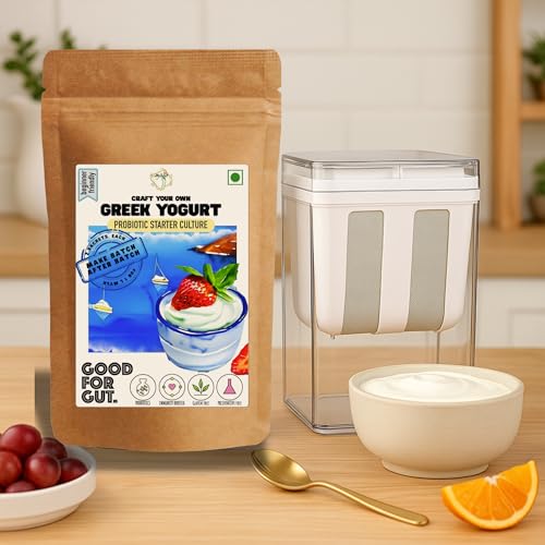 Image of Alla's Posh Flavors COMBO - Greek Yogurt Culture & Yogurt Strainer | Thick, Creamy, Nutrient Rich | 100% Veg | Make Protein Rich Yogurt at Home Easily | Make Batch-after-Batch | Lab Tested Cultures | Great Consistency from First Time (Culture + Strainer)