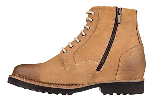 CALTO Men's Invisible Height Increasing Elevator Shoes - Brown Nubuck Leather Lace-up/Zip-up Casual Boots - 3.0 Inches Taller - K24403 - Size 11 D(M) US3