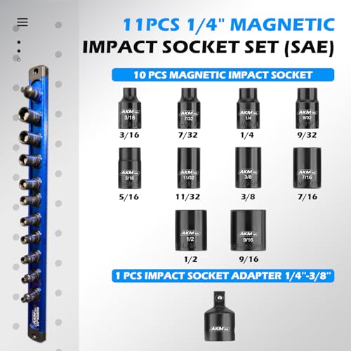 Image of 1 /4 Inch Drive Magnetic Impact Socket Set, 11-Piece SAE, 7 /32 Inch-9 /16 Inch, 6 Point, Cr-Mo, Square Drive, Magnetic Sockets with Adapter, Rail