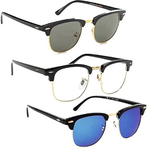 ARZONAI Unisex Clubmaster Square Metal Sunglasses Pack of 3 (Medium)