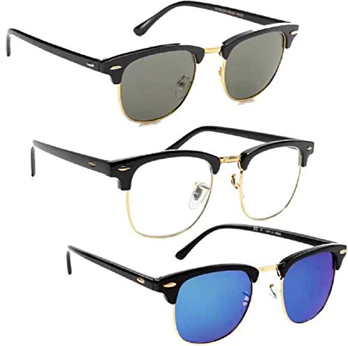ARZONAI Unisex Clubmaster Square Metal Sunglasses Pack of 3 (Medium)