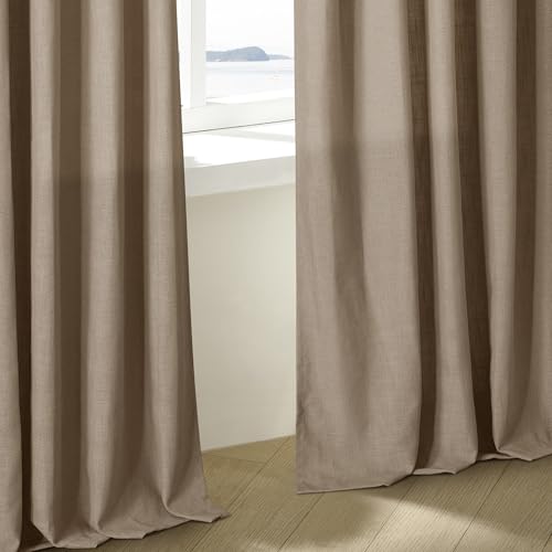 Image of TWODRAPES 98 Inch Tan Brown Linen Curtains for Living Room Pinch Pleated Drape with Hooks Rings for Track System Light Filtering 98 Inch Curtain for Bedroom Sliding Patio Door 2 Panels Latte