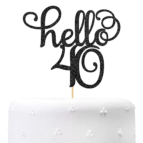 Black Glitter Hello 40 Cake Topper - 40th Birthday/Wedding Anniversary Party Sign Decorations