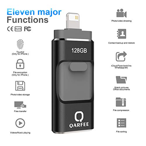 USB Flash Drive, Qarfee Photo Stick, 128GB External Storage Memory Stick Photostick Mobile, Thumb Drive USB 3.0 Compatible iPhone/iPad/PC/Type C/Android Backup OTG Smart Phone-Black - Thumbnail 2