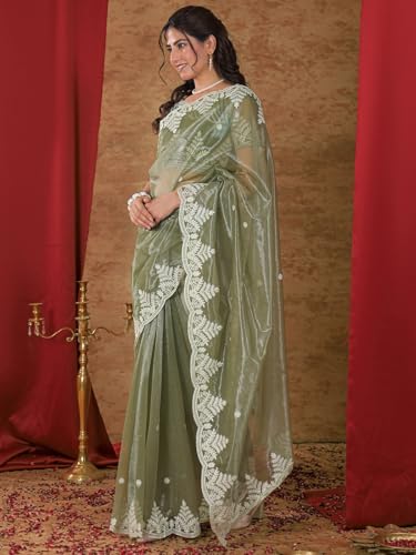Image of Satrani Women's Net Embroidery Saree with Unstitched Blouse Piece
