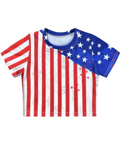 Image of DDSOL Girls July 4th Crop Tops Patriotic Shirt American Flag Short Sleeve Tshirts for Girl 6-14 Years