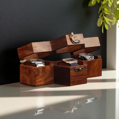 Image of Vintage Wooden Watch Box for Men, Timepiece Display Case, Honeycomb Watch Storage & Organizer, Jewlery Box for Women, Anniversary Gift For Husband (3 Compartments)