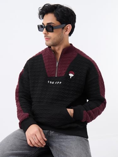 Image of The Souled Store Naruto Shippuden: Shadows of The Uchiha Men and Boys Long Sleeve Mock Neck Black and Maroon Quilted Colour-Block Cotton Blend Oversized Sweatshirt