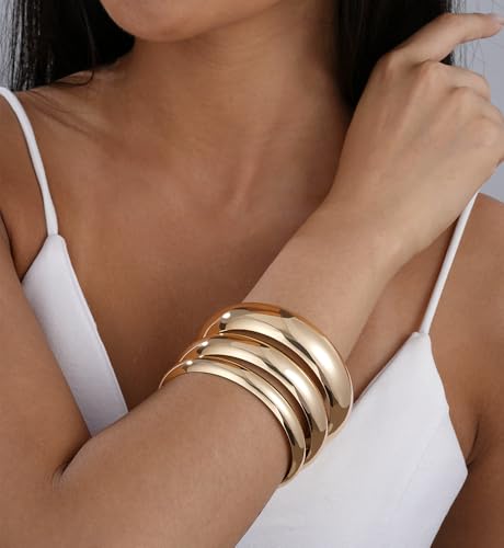 Image of Chunky Gold Bangle Bracelets for Women, Dainty 14k Gold Plated Big Stackable Bangles Set, Trendy Statement Cuff Bracelet Stack Fashion Jewelry Gifts