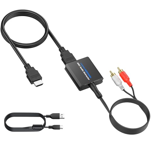 CAMWAY HDMI ARC Audio Converter Supports 32-192kHz 3.5 mm Outputs 5 V 1 A Power Requirement CEC Remote Volume Control Compatible with HD TVs Ideal for Soundbars, Speakers, and Headphones