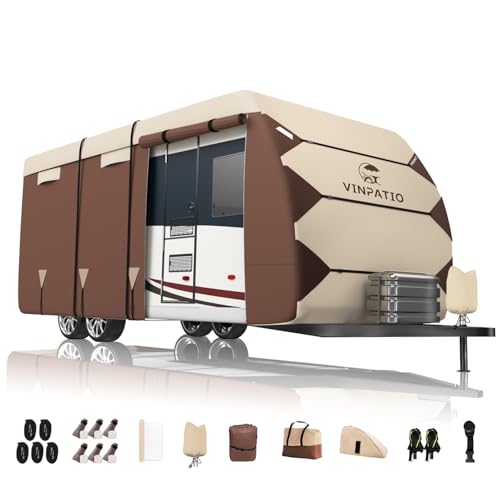 Image of VINPATIO RV Cover, Travel Trailer Cover Fits for 30'-33', Waterproof Camper Cover for Toy Hauler with Tongue Jack Cover, Gutter Covers