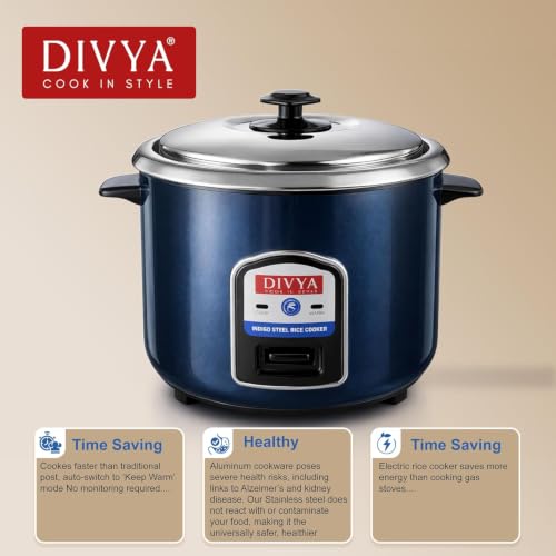 Image of Divya Stainless Steel 1.8L Electric Rice Cooker with Extra Pot | Indigo Steel Body Electric Rice Cooker with Steaming Feature (Double Steel Pot)