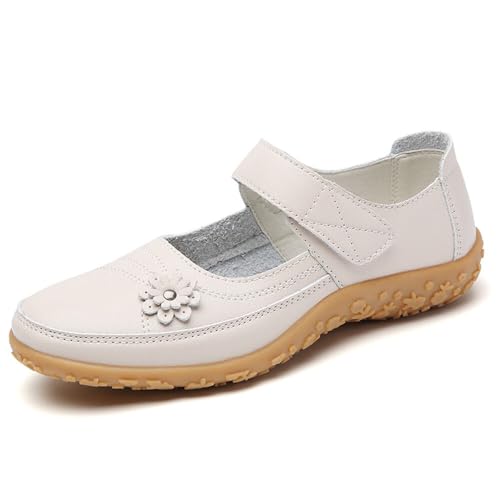 VLOOKST Womens Leather Mary Janes Ladies Fit Flat Shoes Comfort Casual Work Office Nursing Sandals Beige