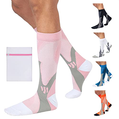 360 RELIEF Copper Compression Socks - Women & Men Graduated Athletic Fit for Running, Nurses, Shin Splint, Flight Travel, Maternity, Pregnancy | S/M, Pink with Mesh Laundry Bag