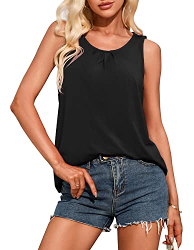 Kimiee Womens Tank Tops Summer Sleeveless Pleated Back Closure Casual Flowy T Shirt Loose Camis Basic Tunic (L,Black) #TOP1