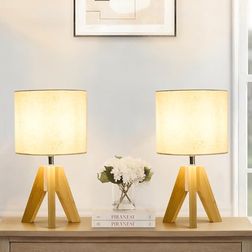 Image of Set of 2 Tripod Table Lamps,Stepless Dimmable Small Bedside Lamps with Beige Linen Shade, Boho Modern Nightstand Lamps for Bedroom Living Room Office,E26 Socket, Natural