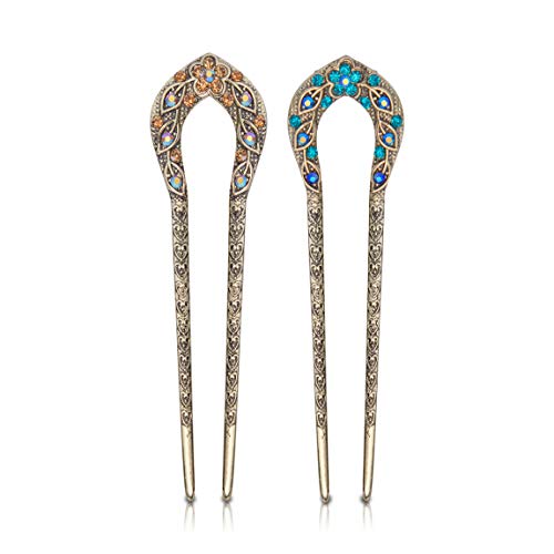 French Hair Pins for Women, Rhinestone Chignon Sticks (2 Pack)