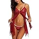 ONGASOFT Dessous Damen Sexy Unterwäsche Öffnen Zurück Sleepwear Tiefer V-Ausschnitt Mit Tanga Spitze Babydoll Negligees Kleid, Rot