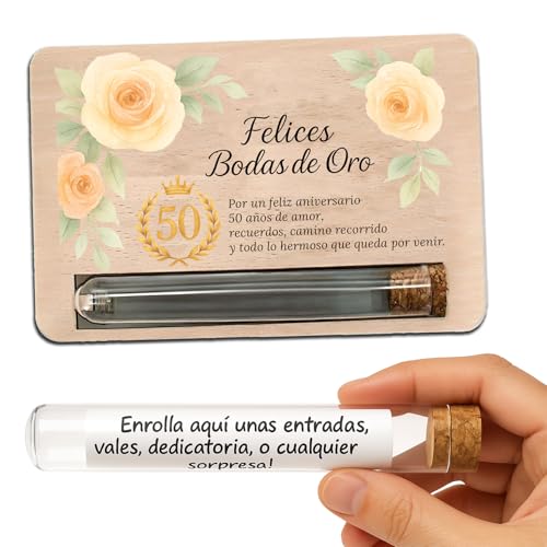 METACREART Tarjeta regalo en madera para 50 aniversario – Detalle con tubo sorpresa para mensajes, vales o recuerdos – Regalos para bodas de oro originales y personalizados