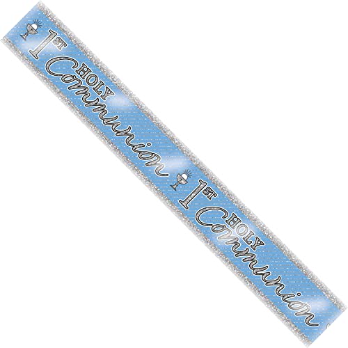 Holy Communion Banner Blue Boy's First Holy Communion Holographic Recyclable Birthday Party Banner