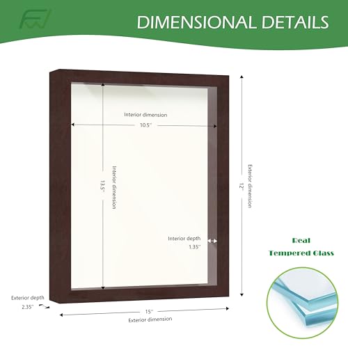 FrameWorks Mahogany Wooden Shadow Box Frame – Soft Felt Back, Tempered Glass, and Included Elegant White Ball Push Pins, 11 Inches x14 Inches