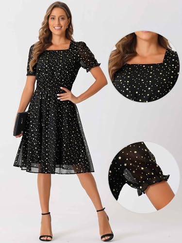 Image of Allegra K Party Midi Dress for Women Ruffle Short Sleeve Elastic Waist A-Line Metallic Star Dresses