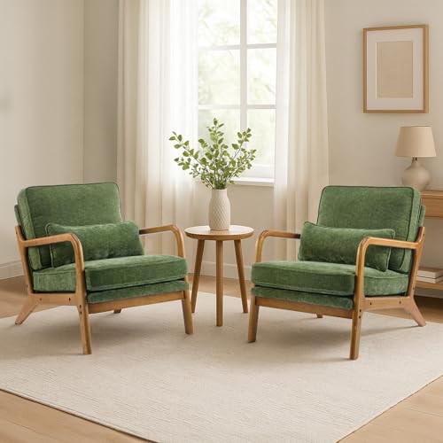 Karl home Mid Century Modern Accent Chair with Lumbar Pillow & Oak Arms β Plush Chenille Living Room Chair for Bedroom, Lounge (Olive Green)