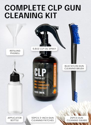 Gun Cleaning Oil Kit 3-in-1 Cleans, Lubes, Protects - 6.8 Oz Sprayer Gun Cleaner and Lubricant, Needle Oiler, Cleaning Patches, Cleaning Swabs and Brush - Gun Oil and Cleaning Kit