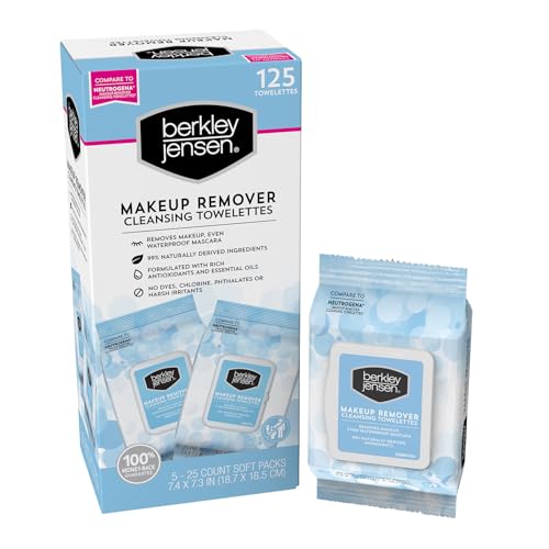 Berkley Jensen Makeup Remover Wipes, 125 Towelettes (Pack of 5, 25ct. Each) - Alcohol and Dye Free Makeup Remover - Waterproof Facial Cleansing Wipes - Hypoallergenic & Dermatologist-Tested Towelettes