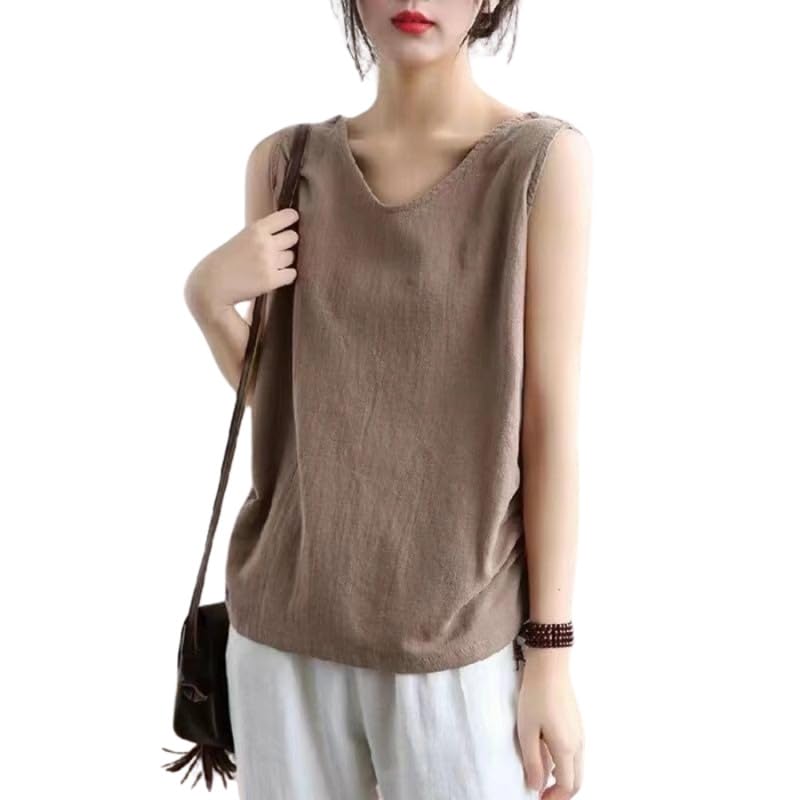 Women’s Cotton Linen Sleeveless Summer Top Retro Loose Fit Suspender Strap Top-image-12
