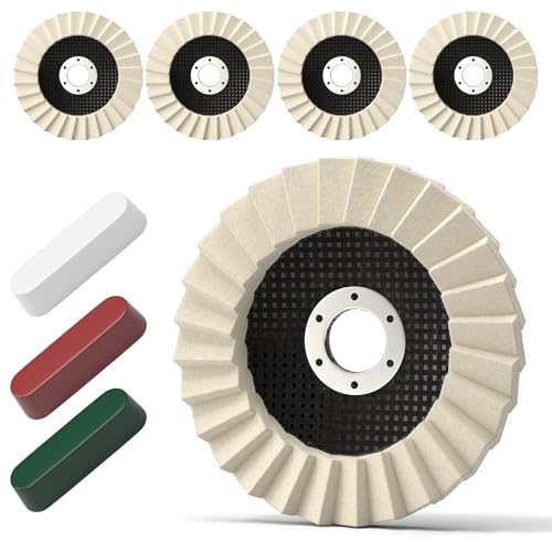 Lot de 8 disques de polissage et kit composé - 5 roues Arbor Puffing épaisses 125 mm x 22 mm + 3 produits de polissage - Disque à rabat en feutre pour meuleuse...