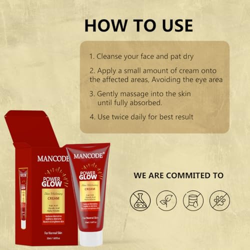 Image of Mancode Power Glow Skin Whitening Cream with Kojic Acid, Glycolic Acid & Alpha Arbutin | Brightening & Hydrating Formula for Men & Women| Reduces Dark Spots & Uneven Skin Tone | 50ml