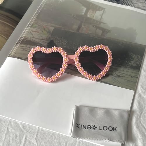 Image of Kids Heart Shaped Valentines Day Cute Flower Sunglasses for Toddler Girls Age 3-10 Outdoor Beach Eyewear UV400