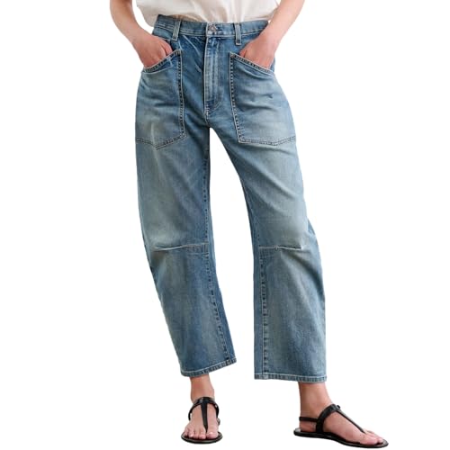 Womens Barrel Jeans Mid Rise Baggy Wide Leg Jeans Casual Stretch Cropped Denim Pants with Pockets