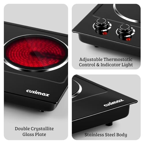 Image of CUSIMAX Double Burner, 1800W Ceramic Electric Hot Plate for Cooking, Dual Control Infrared Cooktop, Portable Countertop Burner, Glass Plate Electric Cooktop, Stainless Steel Black