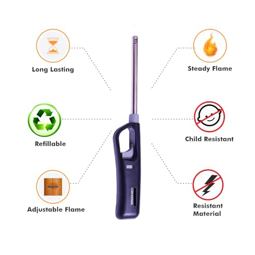 Image of Genesis Refillable Windproof Gas Flame Lighter Long Reach Utility Lighters for Kitchen, Stove, BBQ, Candles, Camping Indoor Outdoor Use, Refillable Gas Safety Lighter (Orange, Blue) (Pack of 2)