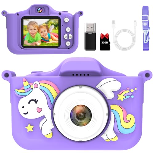 Kinderkamera 1080P 32GB, Einhorn Hülle, Selfie Kamera ab 3 Jahren