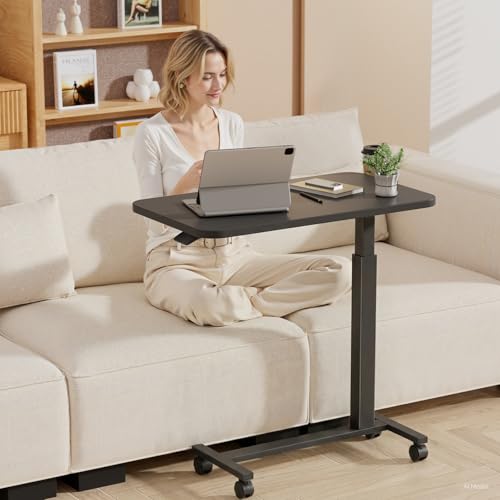 Image of GTPLAYER Small Standing Desk with Lockable Wheels, Pneumatic Mobile Rolling Laptop Desk,Adjustable Height Overbed Bedside Table Computer Workstation for Home Office (28 inch W x 16 inch D, Black)