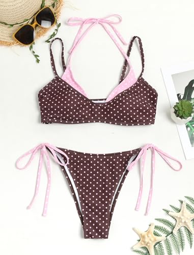 Image of ZAFUL Women's Polka Dot Bikini Set Double Layer Halter Swimsuit Colorblock Side Tie 2 Piece Bathing Suit