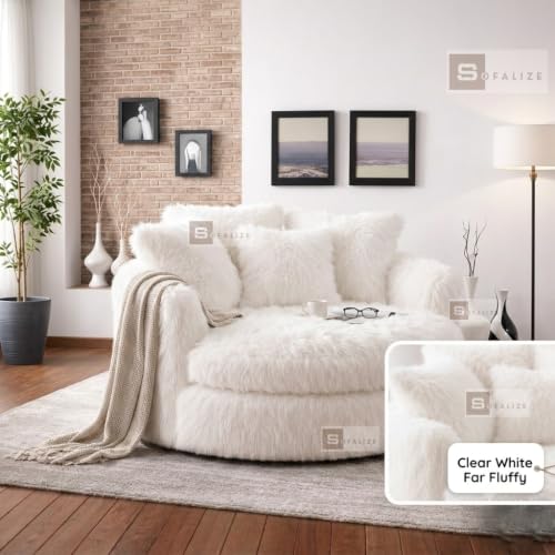 Image of SOFALIZE - Modern Barrel Accent with Pillows Round Sofa Combines Contemporary Design Oversize Arm Chair Cozy Club Chair for Bedroom, Living Room, Lounge, Hotel & Office, Hallways (White Far Fabric)