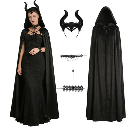 ZZXIAOJIE 4Pcs Gothic Witch Costume Women Evil Queen Horns Bracelet Necklace Robe Halloween Costume Cosplay Props