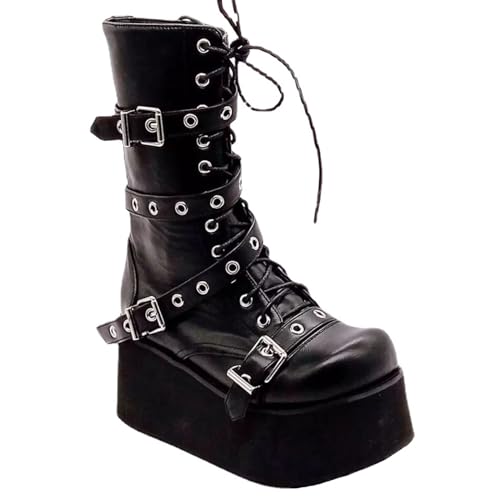 ZKXYFFS Platform Ankle Boots for Women Chunky High Heel Booties Goth Round Toe Combat Wedges Boots Buckle Studded Motorcycle Booties4