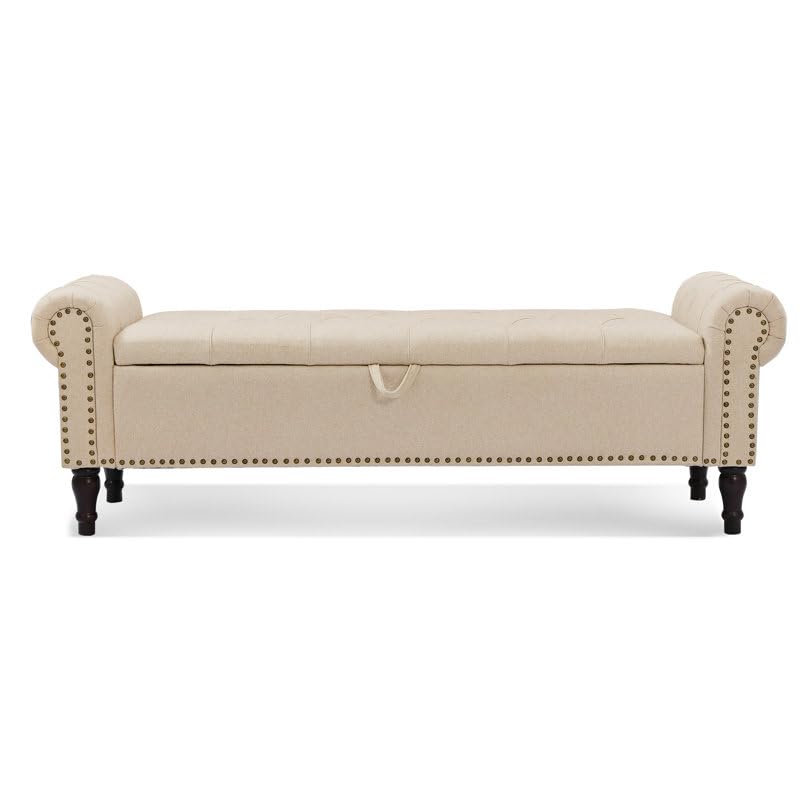 Image of 3-Seater Upholstered Ottoman Bench with Storage | Cream |62.4 x 20.1 x 20.7 Inch| Elegant Multi-Purpose with 6-Inch Wooden Legs for Living Room, Bedroom, Entryway
