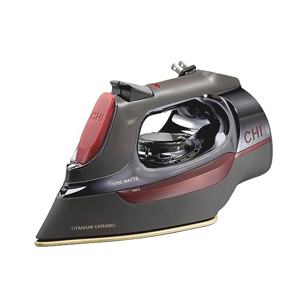 CHI Steam Iron for Clothes with 8’ Retractable Cord, 1700 Watts, 3-Way Auto Shutoff, 400+ Holes, Professional Grade, Temperature Control Dial, Titanium Infused Ceramic Soleplate, Black/Chrome (13109)