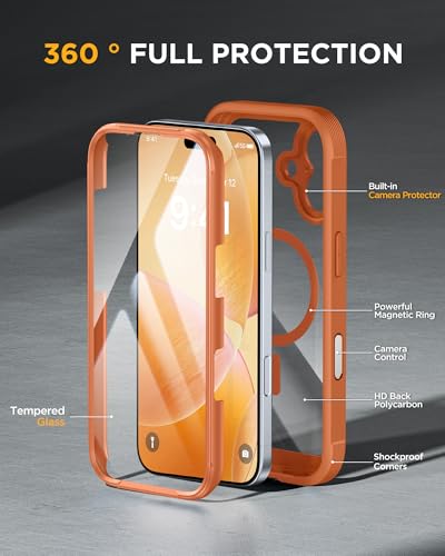 Image of Miracase for iPhone 17 Case 6.3'', Full-Body Military Grade Drop Protection Outdoor Phone case with Built-in Glass Screen &Camera Control,Easy Installation,No Gap,Compatible with MagSafe, Orange
